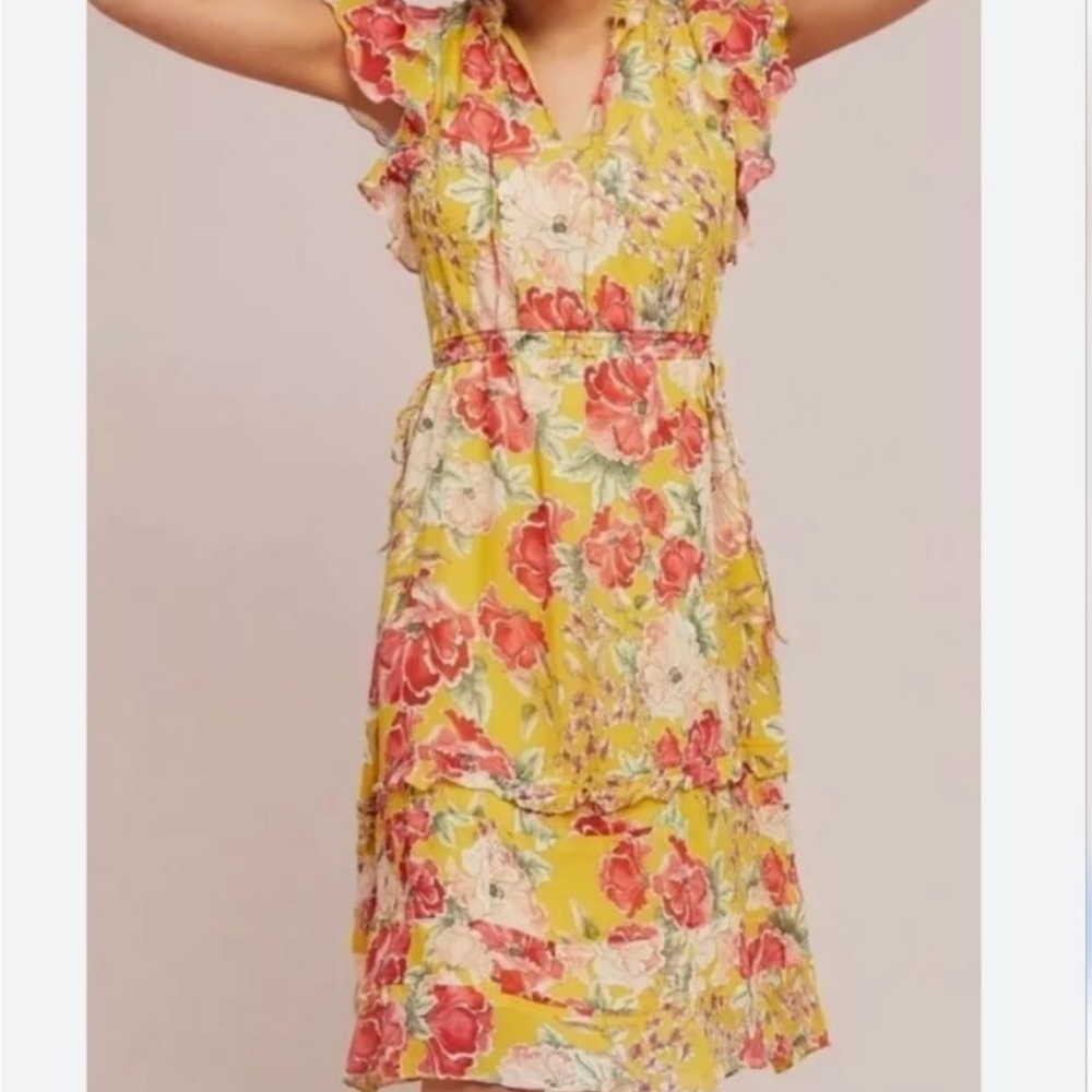 Anthropologie x Dolan Flutter Sleeve Floral Yellow Dress